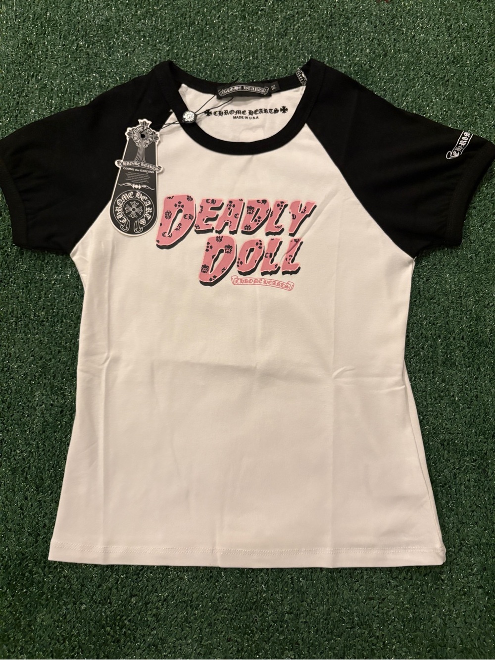 Chrome Hearts Black & White Raglan Tee with Pink "DEADLY DOLL" Graphic SIZE M